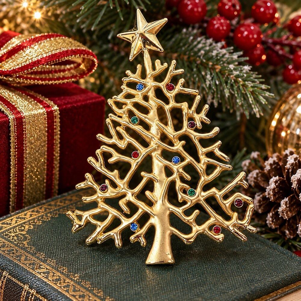 Vintage Gold Tone Christmas Tree Brooch Multicolor Rhinestones 3.5” Star
